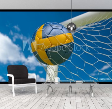 Picture of Sweden flag and soccer ball in goal net